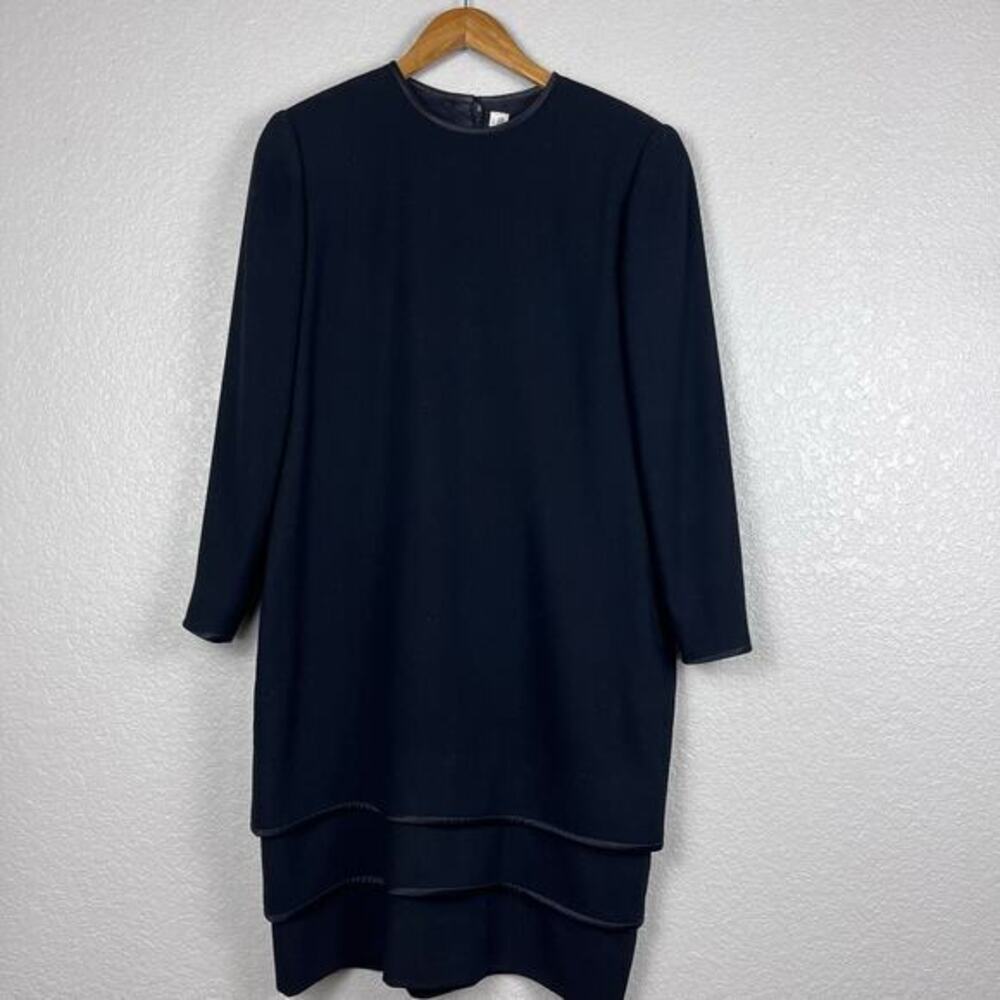 Vtg Neiman Marcus Shift Dress Womens M Wool Mod Tiered Ruffle Hem Modest‎ LBD